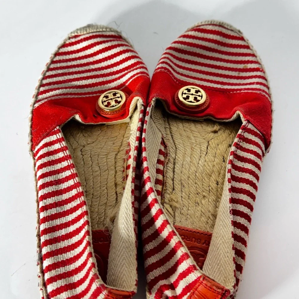 Tory Burch Beacher Striped Canvas Espadrilles Orange White 9